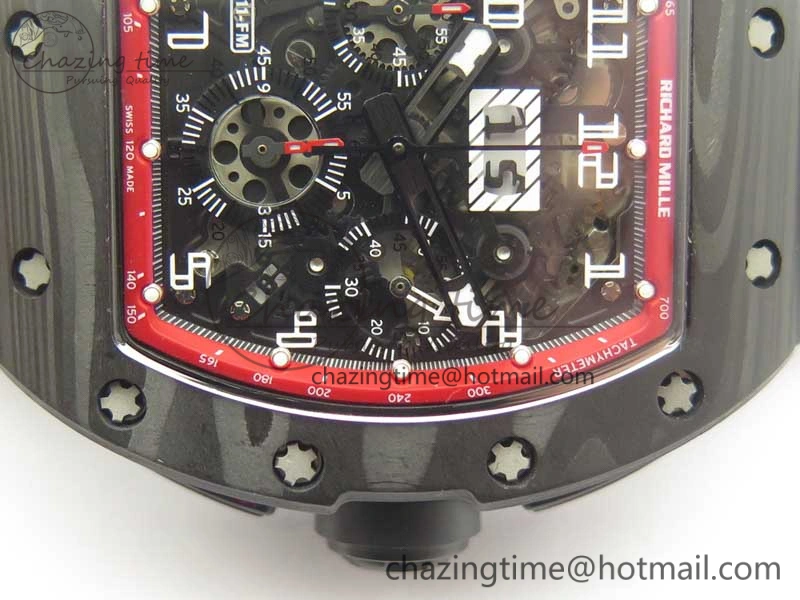 TimelessDesign RM011 NTPT Carbon Chrono KVF 1:1 Best Edition Crystal Skeleton Dial Red Inner Bezel On Black Rubber Strap A 9481