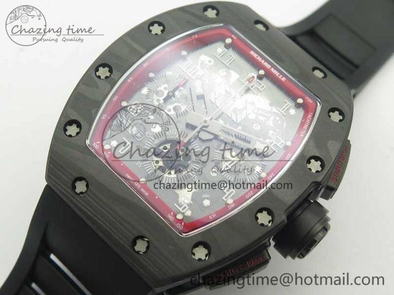 TimelessDesign RM011 NTPT Carbon Chrono KVF 1:1 Best Edition Crystal Skeleton Dial Red Inner Bezel On Black Rubber Strap A 9481
