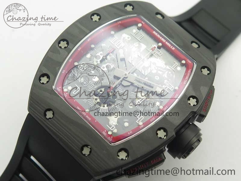 TimelessDesign RM011 NTPT Carbon Chrono KVF 1:1 Best Edition Crystal Skeleton Dial Red Inner Bezel On Black Rubber Strap A 9481