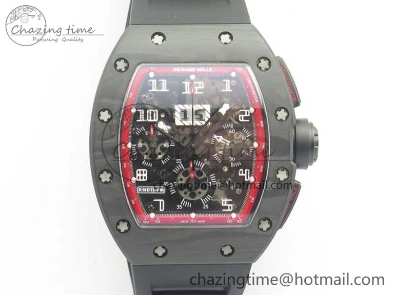 TimelessDesign RM011 NTPT Carbon Chrono KVF 1:1 Best Edition Crystal Skeleton Dial Red Inner Bezel On Black Rubber Strap A 9481