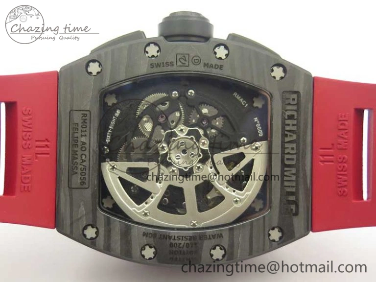 RM011 NTPT Carbon Chrono KVF 1:1 Best Edition Crystal Skeleton Dial Red Inner Bezel On Red Rubber Strap A Upgraded 9480