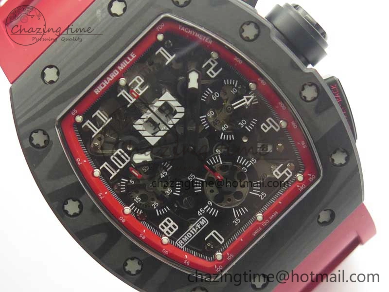 RM011 NTPT Carbon Chrono KVF 1:1 Best Edition Crystal Skeleton Dial Red Inner Bezel On Red Rubber Strap A Upgraded 9480