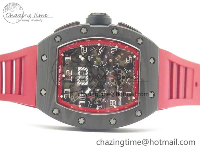 RM011 NTPT Carbon Chrono KVF 1:1 Best Edition Crystal Skeleton Dial Red Inner Bezel On Red Rubber Strap A Upgraded 9480