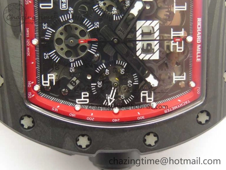 RM011 NTPT Carbon Chrono KVF 1:1 Best Edition Crystal Skeleton Dial Red Inner Bezel On Red Rubber Strap A Upgraded 9480