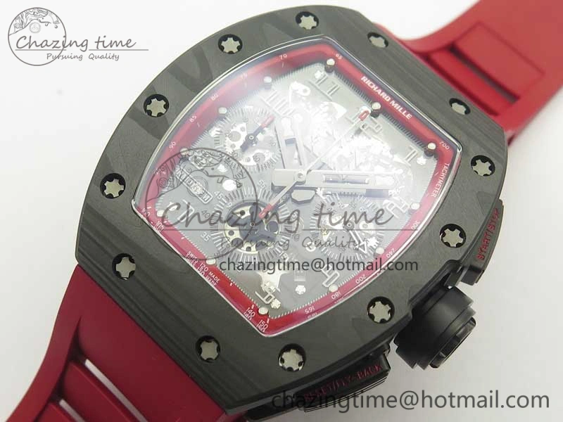 RM011 NTPT Carbon Chrono KVF 1:1 Best Edition Crystal Skeleton Dial Red Inner Bezel On Red Rubber Strap A Upgraded 9480