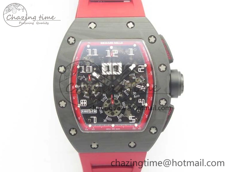 RM011 NTPT Carbon Chrono KVF 1:1 Best Edition Crystal Skeleton Dial Red Inner Bezel On Red Rubber Strap A Upgraded 9480