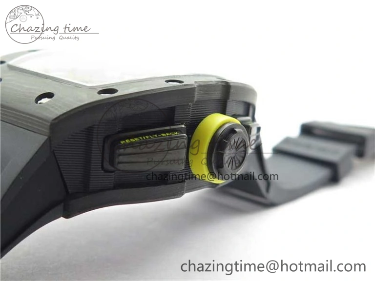 FastDry RM011 NTPT Carbon Chrono KVF 1:1 Best Edition Crystal Skeleton Dial Yellow Inner Bezel on Black Rubber Strap A 9399