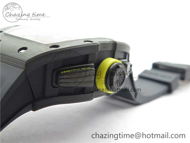 FastDry RM011 NTPT Carbon Chrono KVF 1:1 Best Edition Crystal Skeleton Dial Yellow Inner Bezel on Black Rubber Strap A 9399
