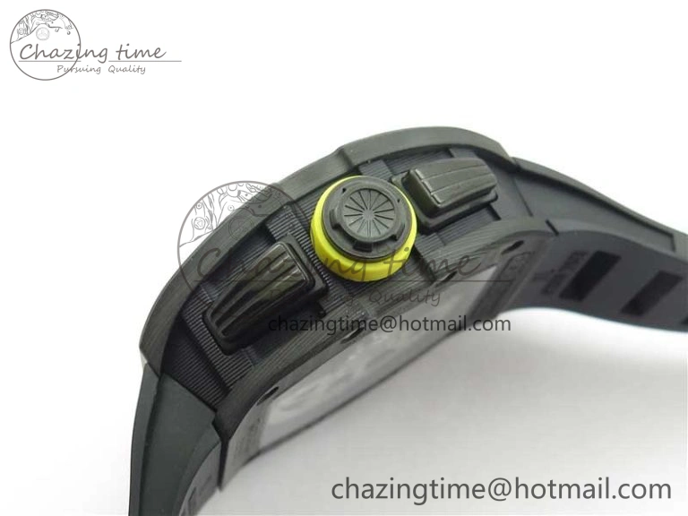 FastDry RM011 NTPT Carbon Chrono KVF 1:1 Best Edition Crystal Skeleton Dial Yellow Inner Bezel on Black Rubber Strap A 9399
