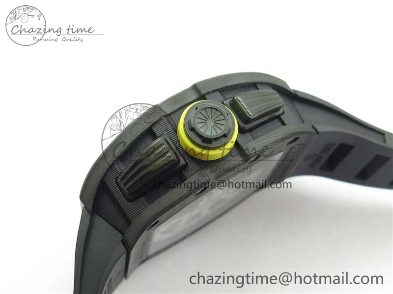 FastDry RM011 NTPT Carbon Chrono KVF 1:1 Best Edition Crystal Skeleton Dial Yellow Inner Bezel on Black Rubber Strap A 9399