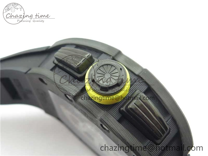 FastDry RM011 NTPT Carbon Chrono KVF 1:1 Best Edition Crystal Skeleton Dial Yellow Inner Bezel on Black Rubber Strap A 9399