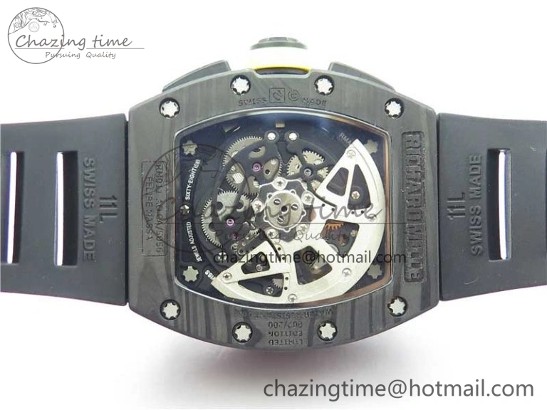 FastDry RM011 NTPT Carbon Chrono KVF 1:1 Best Edition Crystal Skeleton Dial Yellow Inner Bezel on Black Rubber Strap A 9399