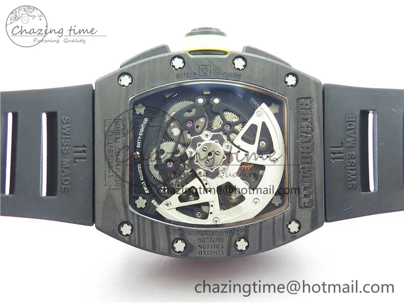 FastDry RM011 NTPT Carbon Chrono KVF 1:1 Best Edition Crystal Skeleton Dial Yellow Inner Bezel on Black Rubber Strap A 9399