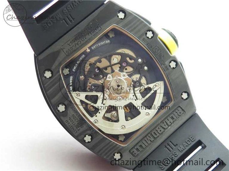 FastDry RM011 NTPT Carbon Chrono KVF 1:1 Best Edition Crystal Skeleton Dial Yellow Inner Bezel on Black Rubber Strap A 9399