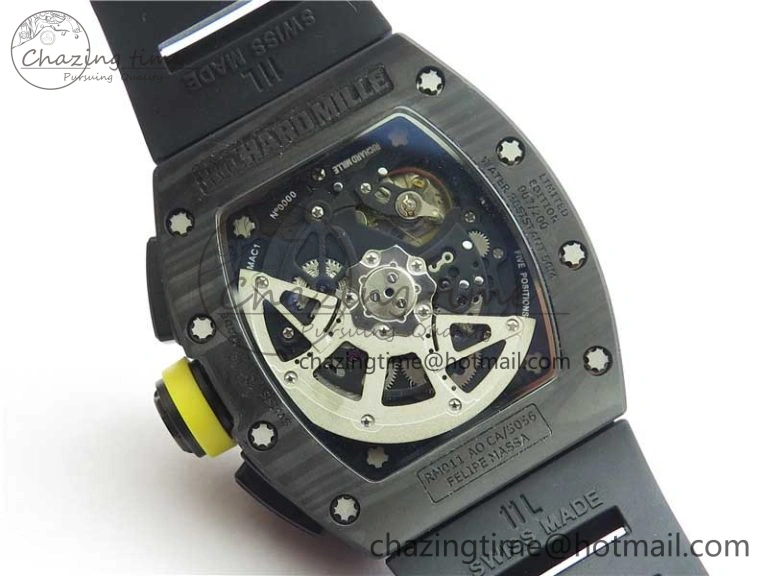 FastDry RM011 NTPT Carbon Chrono KVF 1:1 Best Edition Crystal Skeleton Dial Yellow Inner Bezel on Black Rubber Strap A 9399