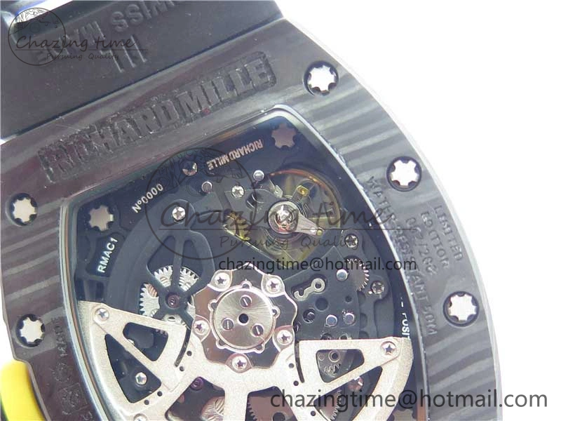 FastDry RM011 NTPT Carbon Chrono KVF 1:1 Best Edition Crystal Skeleton Dial Yellow Inner Bezel on Black Rubber Strap A 9399