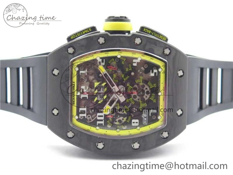 FastDry RM011 NTPT Carbon Chrono KVF 1:1 Best Edition Crystal Skeleton Dial Yellow Inner Bezel on Black Rubber Strap A 9399