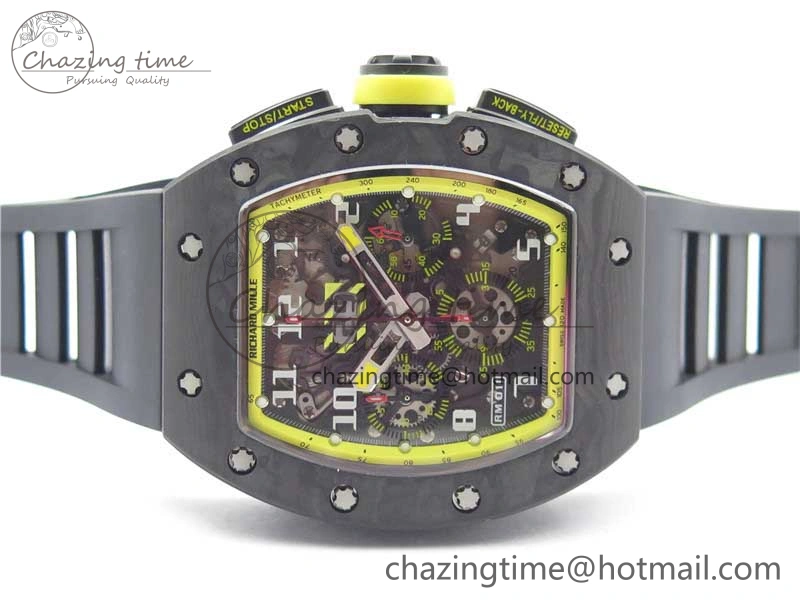 FastDry RM011 NTPT Carbon Chrono KVF 1:1 Best Edition Crystal Skeleton Dial Yellow Inner Bezel on Black Rubber Strap A 9399
