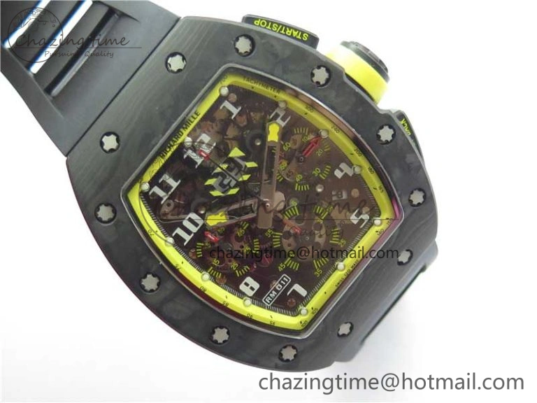 FastDry RM011 NTPT Carbon Chrono KVF 1:1 Best Edition Crystal Skeleton Dial Yellow Inner Bezel on Black Rubber Strap A 9399