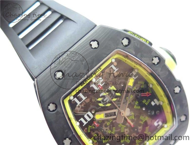 FastDry RM011 NTPT Carbon Chrono KVF 1:1 Best Edition Crystal Skeleton Dial Yellow Inner Bezel on Black Rubber Strap A 9399