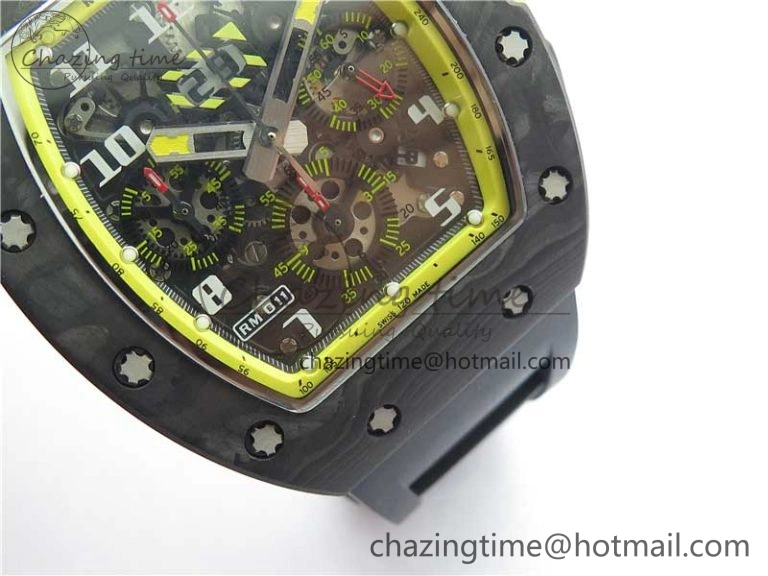 FastDry RM011 NTPT Carbon Chrono KVF 1:1 Best Edition Crystal Skeleton Dial Yellow Inner Bezel on Black Rubber Strap A 9399