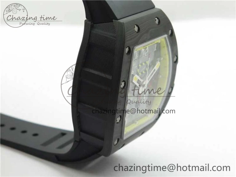 FastDry RM011 NTPT Carbon Chrono KVF 1:1 Best Edition Crystal Skeleton Dial Yellow Inner Bezel on Black Rubber Strap A 9399