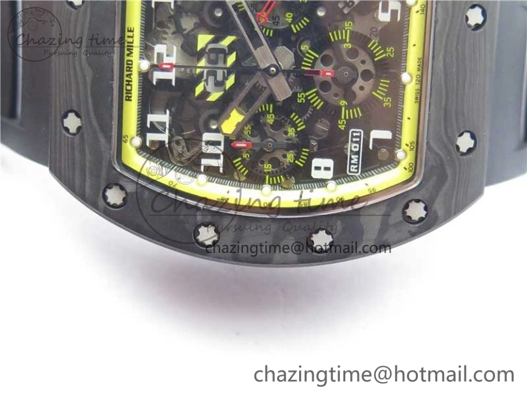 FastDry RM011 NTPT Carbon Chrono KVF 1:1 Best Edition Crystal Skeleton Dial Yellow Inner Bezel on Black Rubber Strap A 9399