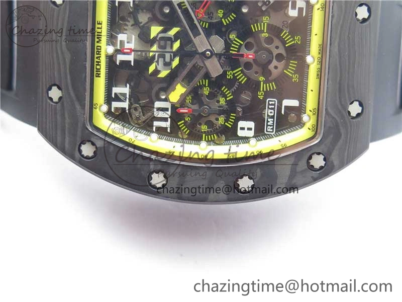 FastDry RM011 NTPT Carbon Chrono KVF 1:1 Best Edition Crystal Skeleton Dial Yellow Inner Bezel on Black Rubber Strap A 9399