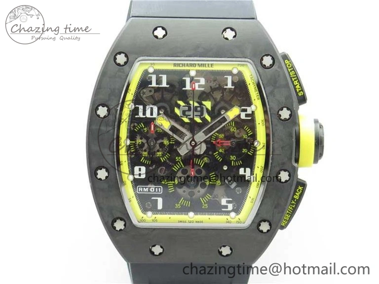 FastDry RM011 NTPT Carbon Chrono KVF 1:1 Best Edition Crystal Skeleton Dial Yellow Inner Bezel on Black Rubber Strap A 9399