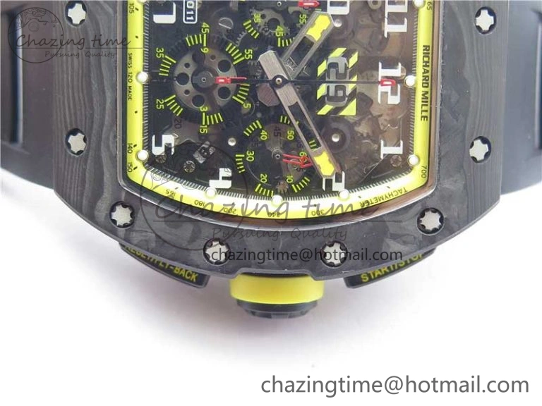 FastDry RM011 NTPT Carbon Chrono KVF 1:1 Best Edition Crystal Skeleton Dial Yellow Inner Bezel on Black Rubber Strap A 9399