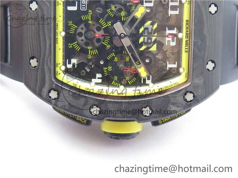FastDry RM011 NTPT Carbon Chrono KVF 1:1 Best Edition Crystal Skeleton Dial Yellow Inner Bezel on Black Rubber Strap A 9399