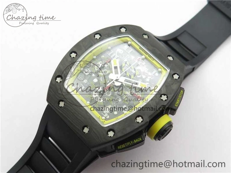 FastDry RM011 NTPT Carbon Chrono KVF 1:1 Best Edition Crystal Skeleton Dial Yellow Inner Bezel on Black Rubber Strap A 9399