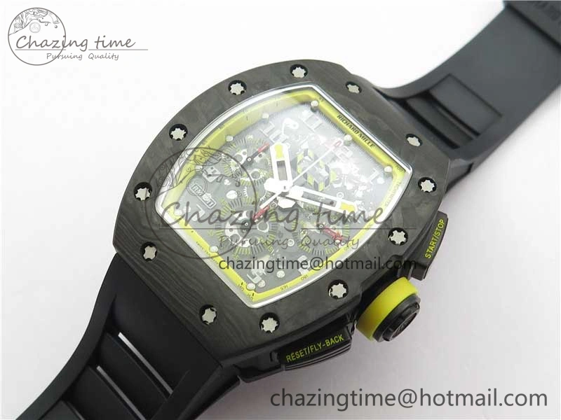 FastDry RM011 NTPT Carbon Chrono KVF 1:1 Best Edition Crystal Skeleton Dial Yellow Inner Bezel on Black Rubber Strap A 9399