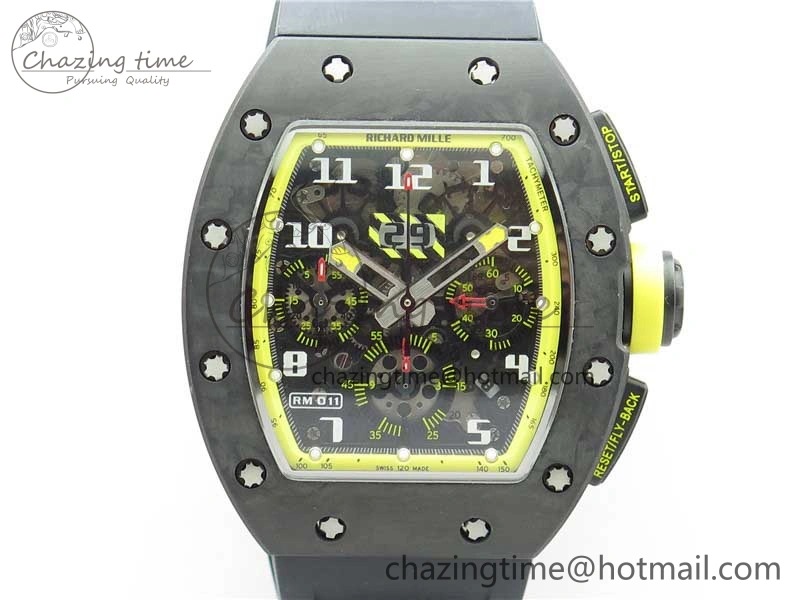 FastDry RM011 NTPT Carbon Chrono KVF 1:1 Best Edition Crystal Skeleton Dial Yellow Inner Bezel on Black Rubber Strap A 9399