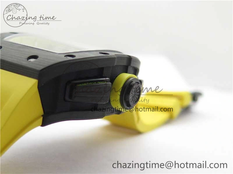 WeatherProof RM011 NTPT Carbon Chrono KVF 1:1 Best Edition Crystal Skeleton Dial Yellow Inner Bezel on Yellow Rubber Strap A 9401