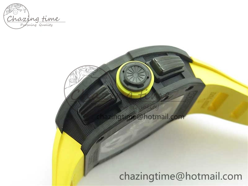 WeatherProof RM011 NTPT Carbon Chrono KVF 1:1 Best Edition Crystal Skeleton Dial Yellow Inner Bezel on Yellow Rubber Strap A 9401