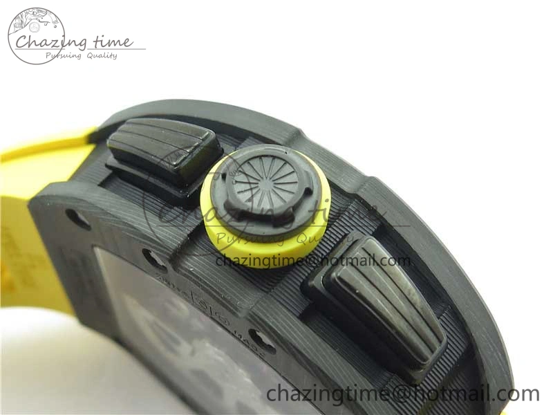 WeatherProof RM011 NTPT Carbon Chrono KVF 1:1 Best Edition Crystal Skeleton Dial Yellow Inner Bezel on Yellow Rubber Strap A 9401