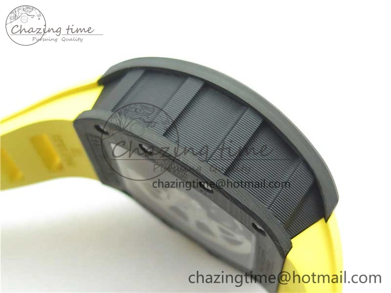 WeatherProof RM011 NTPT Carbon Chrono KVF 1:1 Best Edition Crystal Skeleton Dial Yellow Inner Bezel on Yellow Rubber Strap A 9401