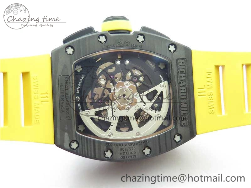 WeatherProof RM011 NTPT Carbon Chrono KVF 1:1 Best Edition Crystal Skeleton Dial Yellow Inner Bezel on Yellow Rubber Strap A 9401
