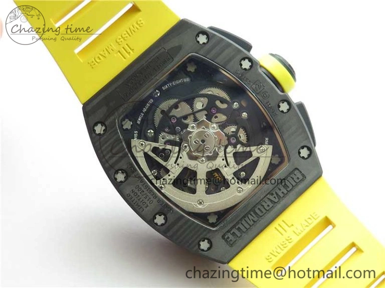 WeatherProof RM011 NTPT Carbon Chrono KVF 1:1 Best Edition Crystal Skeleton Dial Yellow Inner Bezel on Yellow Rubber Strap A 9401