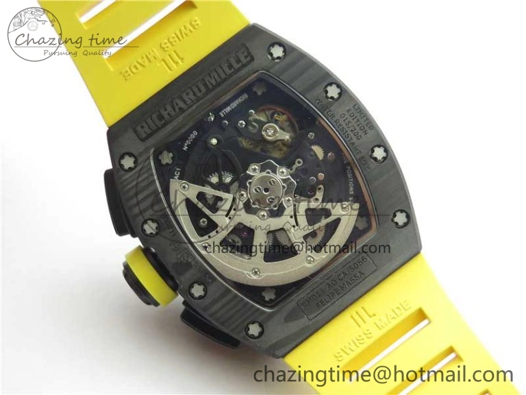 WeatherProof RM011 NTPT Carbon Chrono KVF 1:1 Best Edition Crystal Skeleton Dial Yellow Inner Bezel on Yellow Rubber Strap A 9401