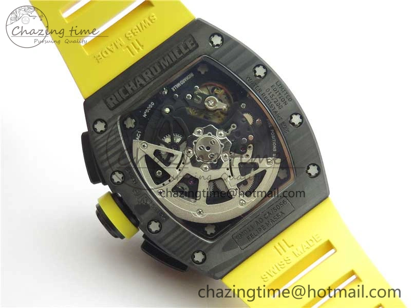 WeatherProof RM011 NTPT Carbon Chrono KVF 1:1 Best Edition Crystal Skeleton Dial Yellow Inner Bezel on Yellow Rubber Strap A 9401