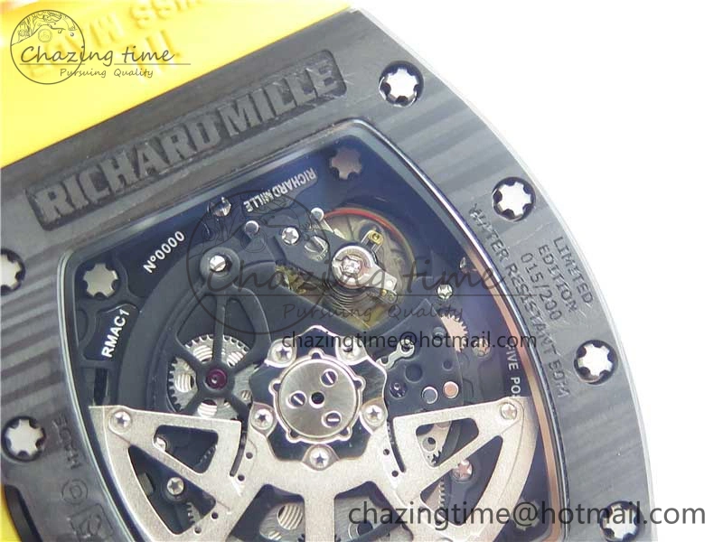 WeatherProof RM011 NTPT Carbon Chrono KVF 1:1 Best Edition Crystal Skeleton Dial Yellow Inner Bezel on Yellow Rubber Strap A 9401