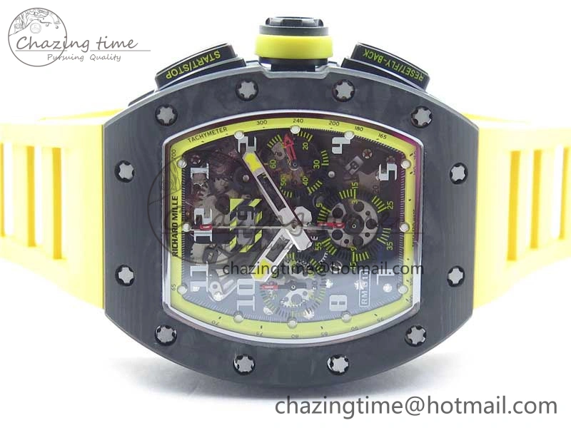 WeatherProof RM011 NTPT Carbon Chrono KVF 1:1 Best Edition Crystal Skeleton Dial Yellow Inner Bezel on Yellow Rubber Strap A 9401