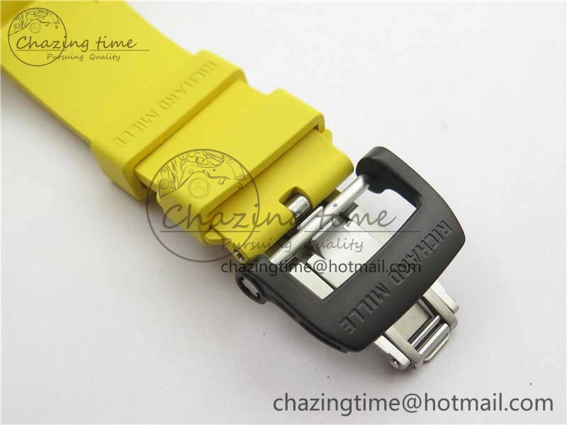 WeatherProof RM011 NTPT Carbon Chrono KVF 1:1 Best Edition Crystal Skeleton Dial Yellow Inner Bezel on Yellow Rubber Strap A 9401