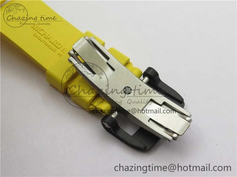 WeatherProof RM011 NTPT Carbon Chrono KVF 1:1 Best Edition Crystal Skeleton Dial Yellow Inner Bezel on Yellow Rubber Strap A 9401