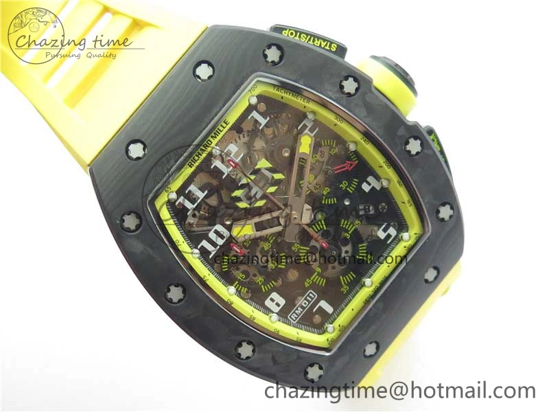 WeatherProof RM011 NTPT Carbon Chrono KVF 1:1 Best Edition Crystal Skeleton Dial Yellow Inner Bezel on Yellow Rubber Strap A 9401