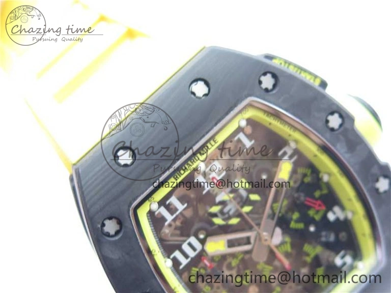 WeatherProof RM011 NTPT Carbon Chrono KVF 1:1 Best Edition Crystal Skeleton Dial Yellow Inner Bezel on Yellow Rubber Strap A 9401