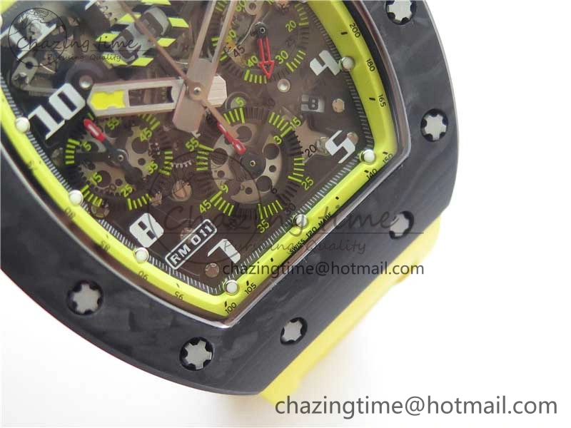 WeatherProof RM011 NTPT Carbon Chrono KVF 1:1 Best Edition Crystal Skeleton Dial Yellow Inner Bezel on Yellow Rubber Strap A 9401