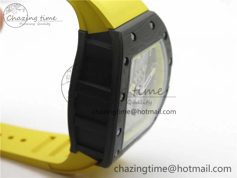 WeatherProof RM011 NTPT Carbon Chrono KVF 1:1 Best Edition Crystal Skeleton Dial Yellow Inner Bezel on Yellow Rubber Strap A 9401